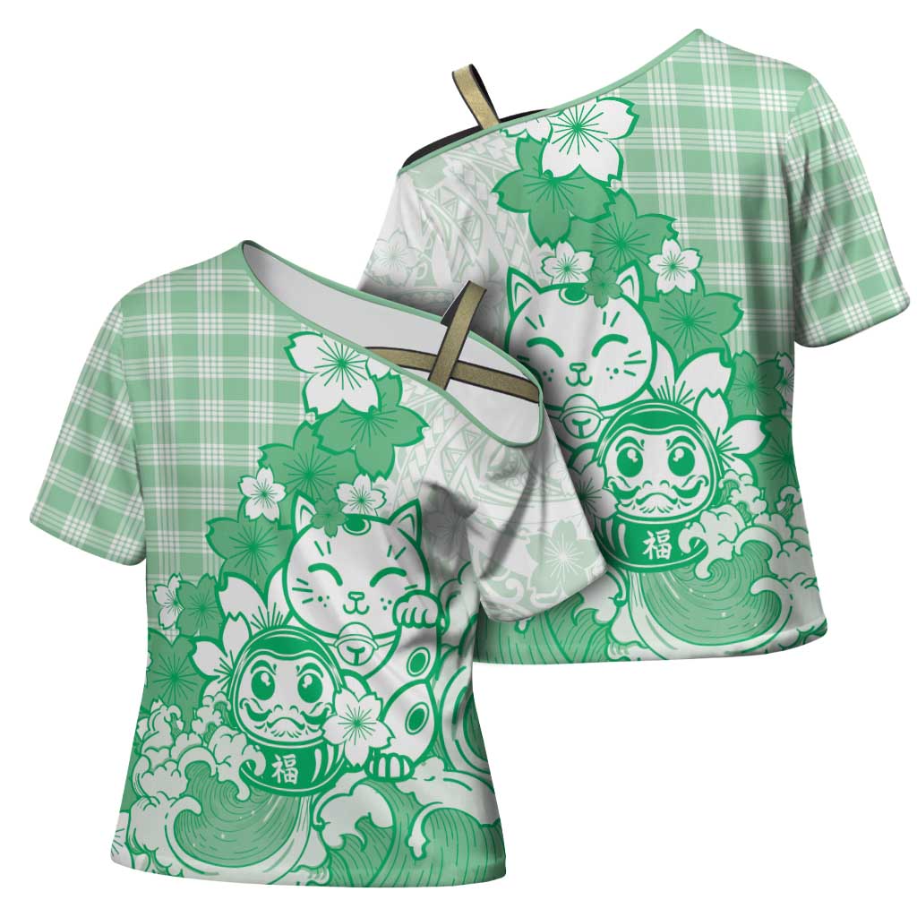 Green Palaka Hawaiian And Japanese Cross Shoulder Shirt Maneki Neko And Sakura Bloom