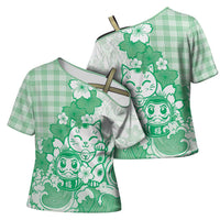 Green Palaka Hawaiian And Japanese Cross Shoulder Shirt Maneki Neko And Sakura Bloom