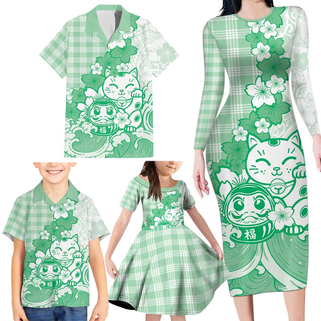 Green Palaka Hawaiian And Japanese Family Matching Long Sleeve Bodycon Dress and Hawaiian Shirt Maneki Neko And Sakura Bloom DT05 - Polynesian Pride