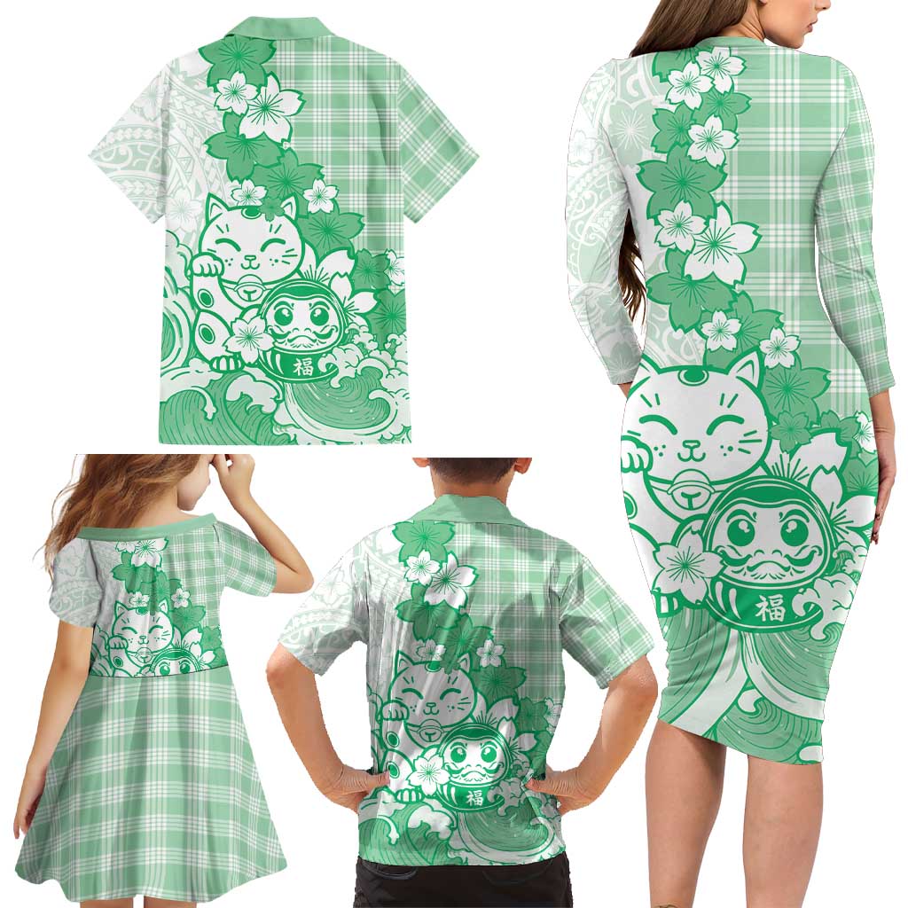 Green Palaka Hawaiian And Japanese Family Matching Long Sleeve Bodycon Dress and Hawaiian Shirt Maneki Neko And Sakura Bloom DT05 - Polynesian Pride