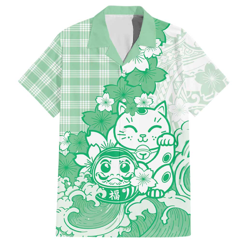 Green Palaka Hawaiian And Japanese Family Matching Long Sleeve Bodycon Dress and Hawaiian Shirt Maneki Neko And Sakura Bloom DT05 Dad's Shirt - Short Sleeve Green - Polynesian Pride