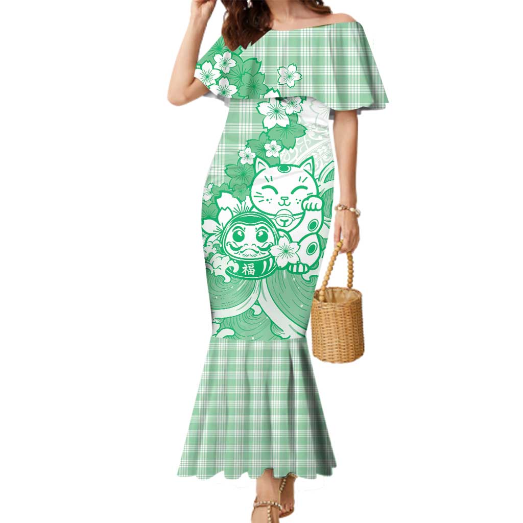 Green Palaka Hawaiian And Japanese Family Matching Mermaid Dress and Hawaiian Shirt Maneki Neko And Sakura Bloom DT05 Mom's Dress Green - Polynesian Pride