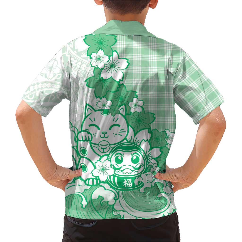 Green Palaka Hawaiian And Japanese Family Matching Off The Shoulder Long Sleeve Dress and Hawaiian Shirt Maneki Neko And Sakura Bloom DT05 - Polynesian Pride