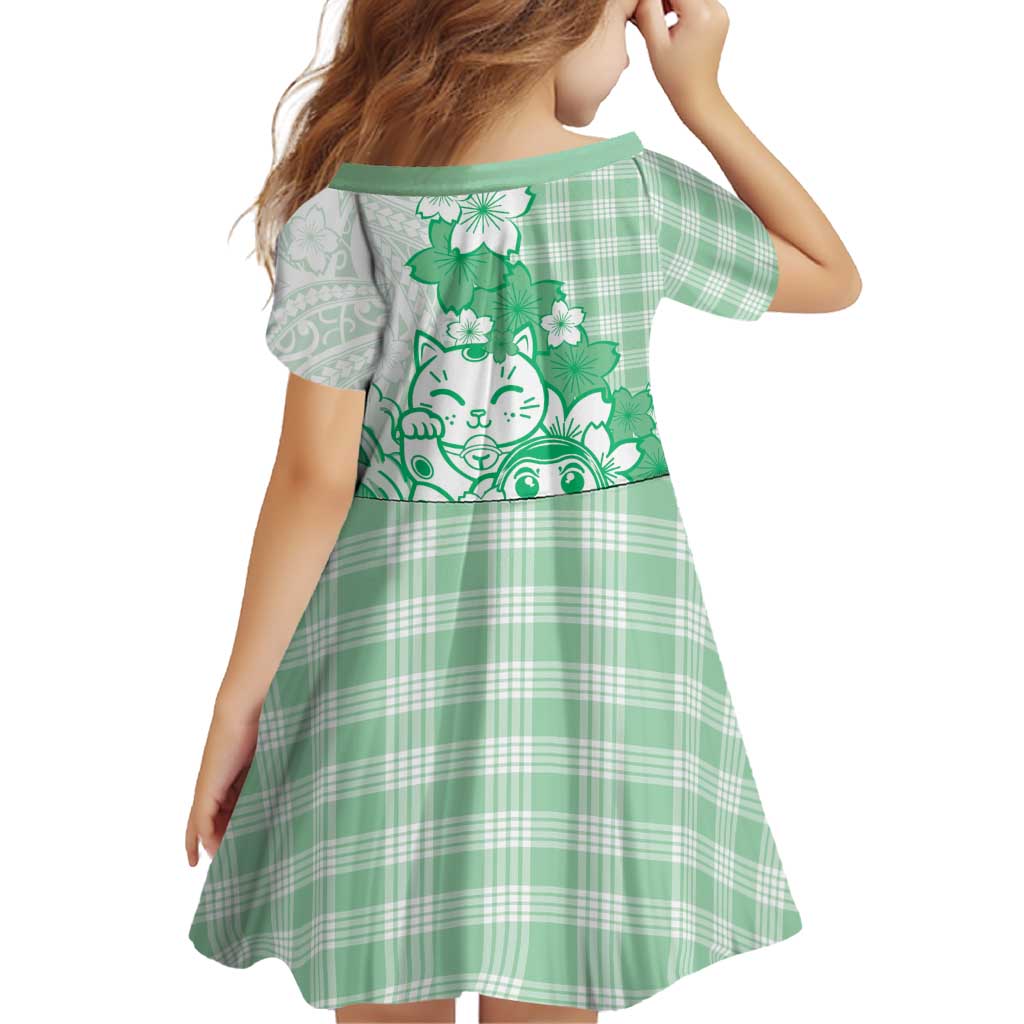 Green Palaka Hawaiian And Japanese Family Matching Off The Shoulder Long Sleeve Dress and Hawaiian Shirt Maneki Neko And Sakura Bloom DT05 - Polynesian Pride
