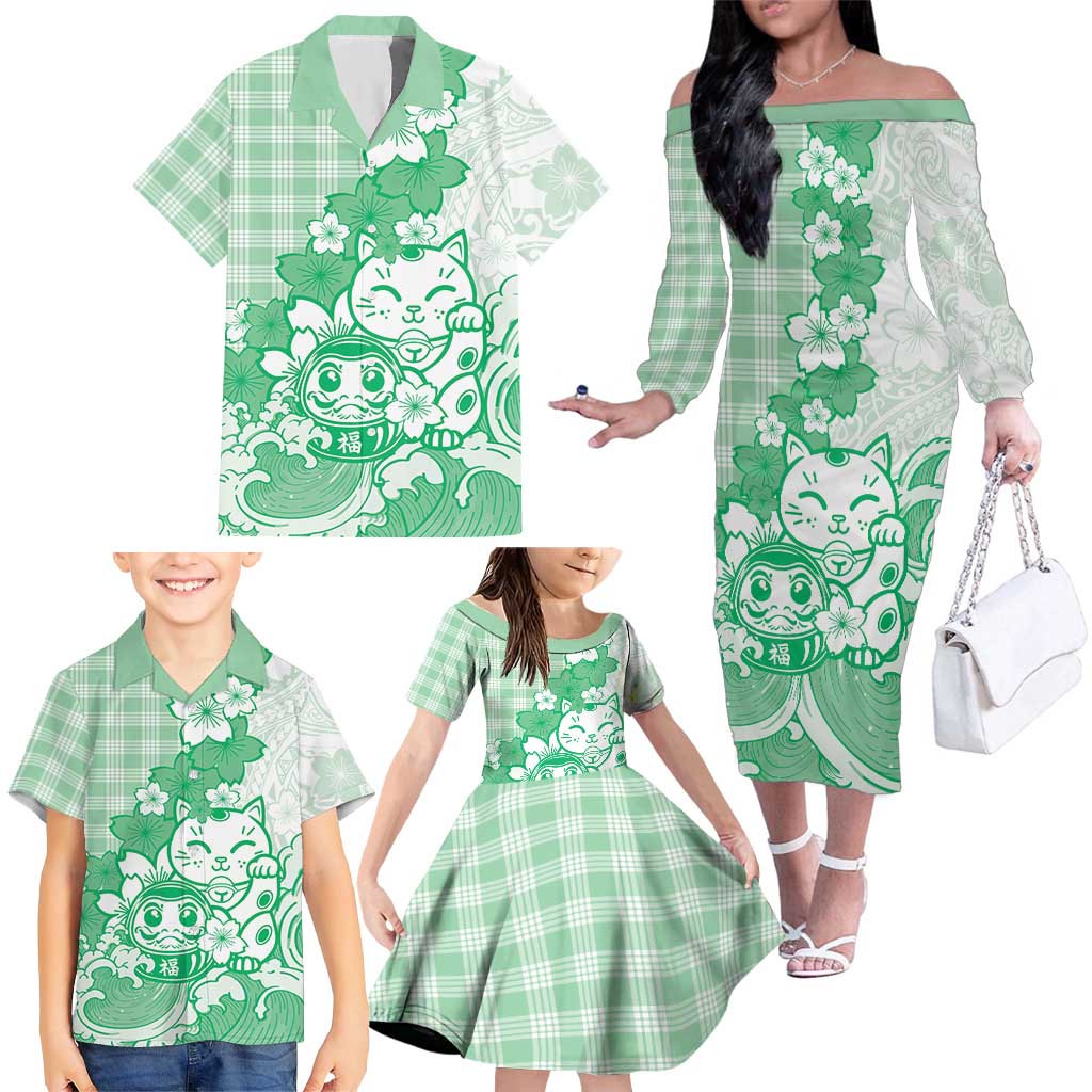 Green Palaka Hawaiian And Japanese Family Matching Off The Shoulder Long Sleeve Dress and Hawaiian Shirt Maneki Neko And Sakura Bloom DT05 - Polynesian Pride