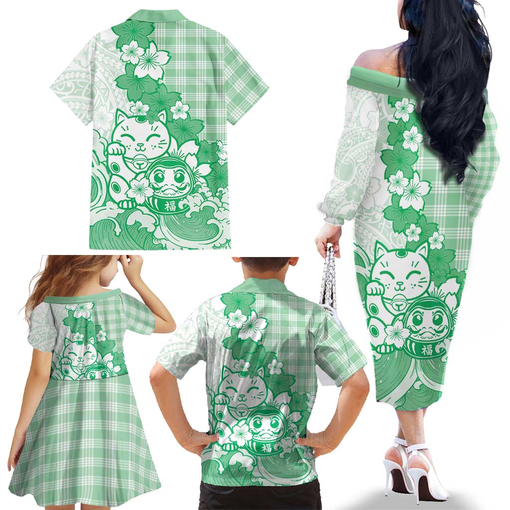 Green Palaka Hawaiian And Japanese Family Matching Off The Shoulder Long Sleeve Dress and Hawaiian Shirt Maneki Neko And Sakura Bloom DT05 - Polynesian Pride