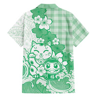 Green Palaka Hawaiian And Japanese Family Matching Off The Shoulder Long Sleeve Dress and Hawaiian Shirt Maneki Neko And Sakura Bloom DT05 - Polynesian Pride