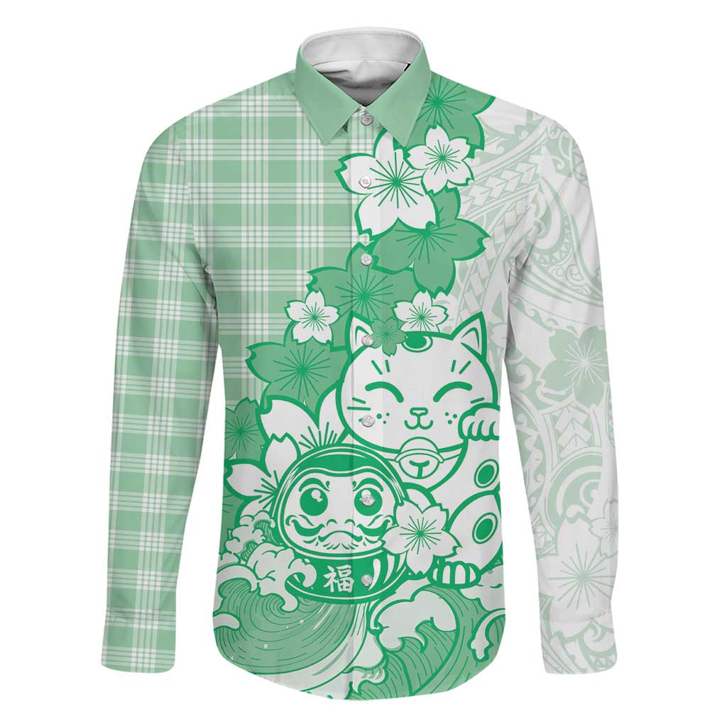 Green Palaka Hawaiian And Japanese Family Matching Off The Shoulder Long Sleeve Dress and Hawaiian Shirt Maneki Neko And Sakura Bloom DT05 Dad's Shirt - Long Sleeve Green - Polynesian Pride