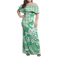 Green Palaka Hawaiian And Japanese Family Matching Off Shoulder Maxi Dress and Hawaiian Shirt Maneki Neko And Sakura Bloom DT05 Mom's Dress Green - Polynesian Pride