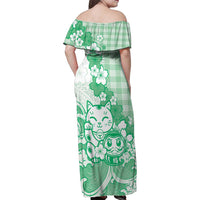 Green Palaka Hawaiian And Japanese Family Matching Off Shoulder Maxi Dress and Hawaiian Shirt Maneki Neko And Sakura Bloom DT05 - Polynesian Pride
