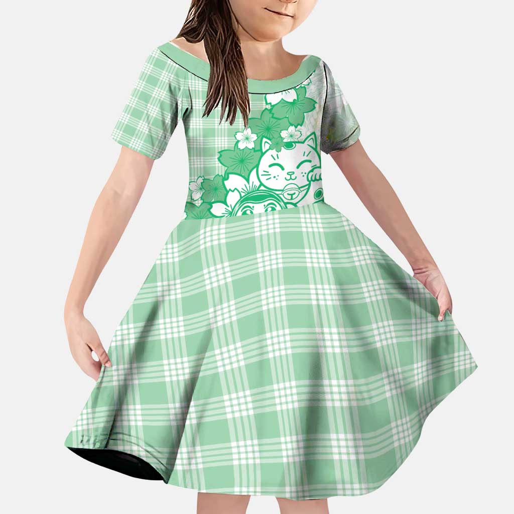 Green Palaka Hawaiian And Japanese Family Matching Off Shoulder Short Dress and Hawaiian Shirt Maneki Neko And Sakura Bloom DT05 Daughter's Dress Green - Polynesian Pride