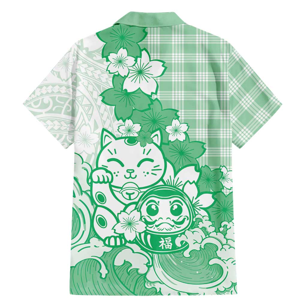 Green Palaka Hawaiian And Japanese Family Matching Puletasi and Hawaiian Shirt Maneki Neko And Sakura Bloom DT05 - Polynesian Pride