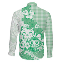 Green Palaka Hawaiian And Japanese Family Matching Puletasi and Hawaiian Shirt Maneki Neko And Sakura Bloom DT05 - Polynesian Pride