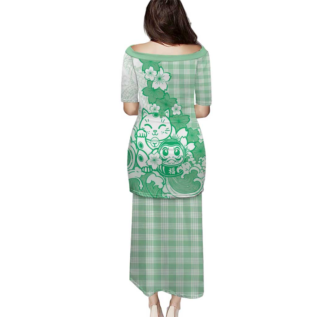 Green Palaka Hawaiian And Japanese Family Matching Puletasi and Hawaiian Shirt Maneki Neko And Sakura Bloom DT05 - Polynesian Pride