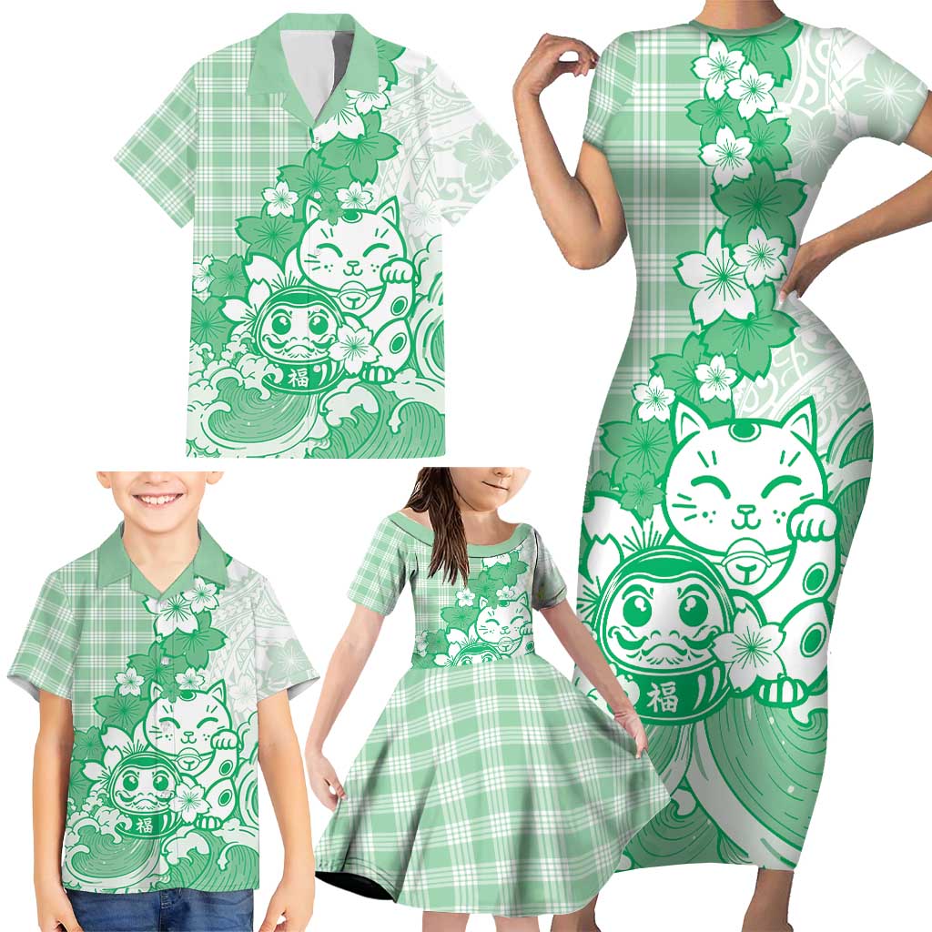 Green Palaka Hawaiian And Japanese Family Matching Short Sleeve Bodycon Dress and Hawaiian Shirt Maneki Neko And Sakura Bloom DT05 - Polynesian Pride