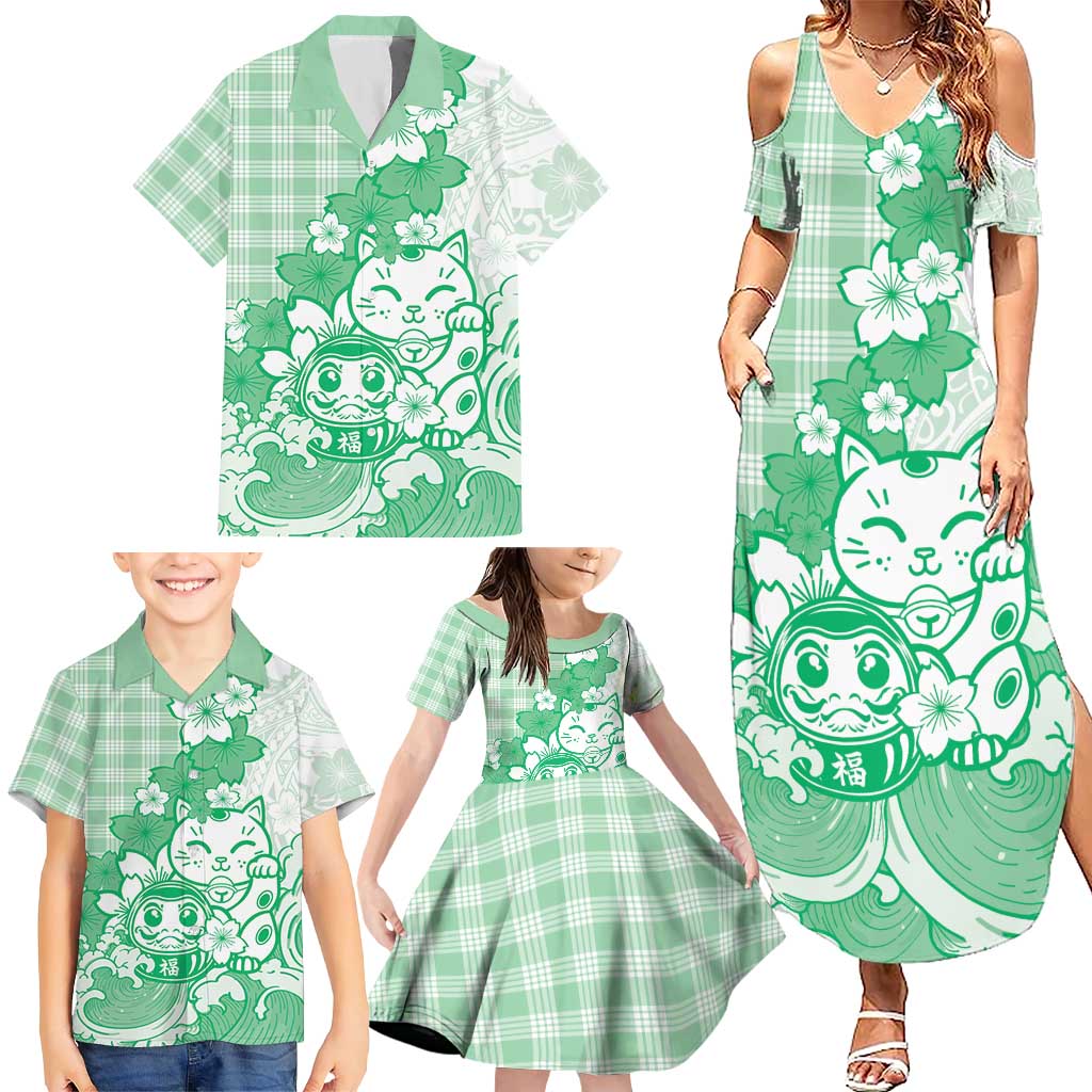 Green Palaka Hawaiian And Japanese Family Matching Summer Maxi Dress and Hawaiian Shirt Maneki Neko And Sakura Bloom DT05 - Polynesian Pride