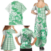 Green Palaka Hawaiian And Japanese Family Matching Summer Maxi Dress and Hawaiian Shirt Maneki Neko And Sakura Bloom DT05 - Polynesian Pride