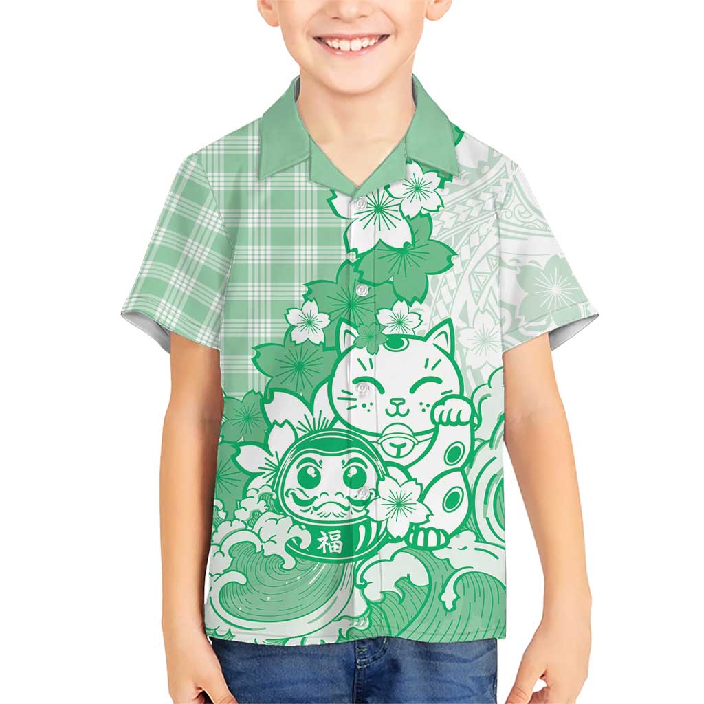 Green Palaka Hawaiian And Japanese Family Matching Summer Maxi Dress and Hawaiian Shirt Maneki Neko And Sakura Bloom DT05 Son's Shirt Green - Polynesian Pride