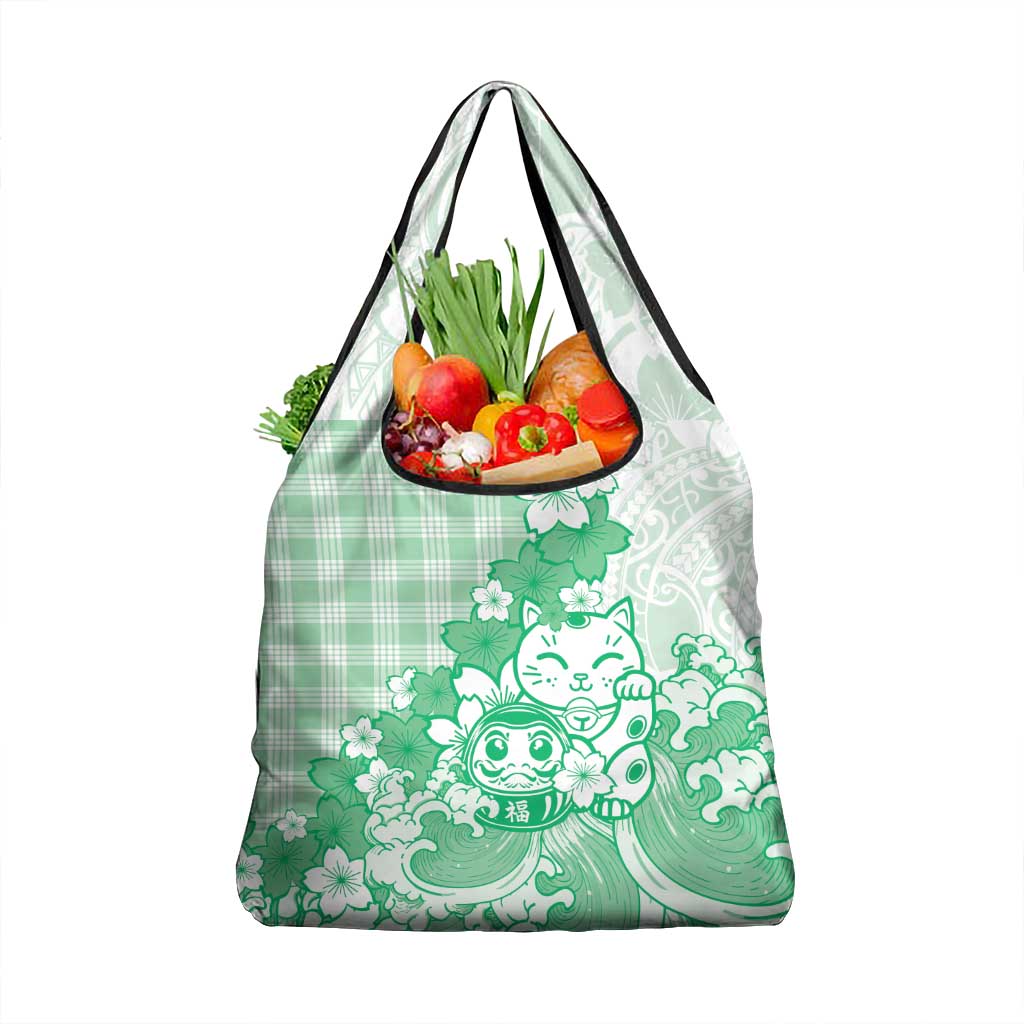 Green Palaka Hawaiian And Japanese Grocery Bag Maneki Neko And Sakura Bloom