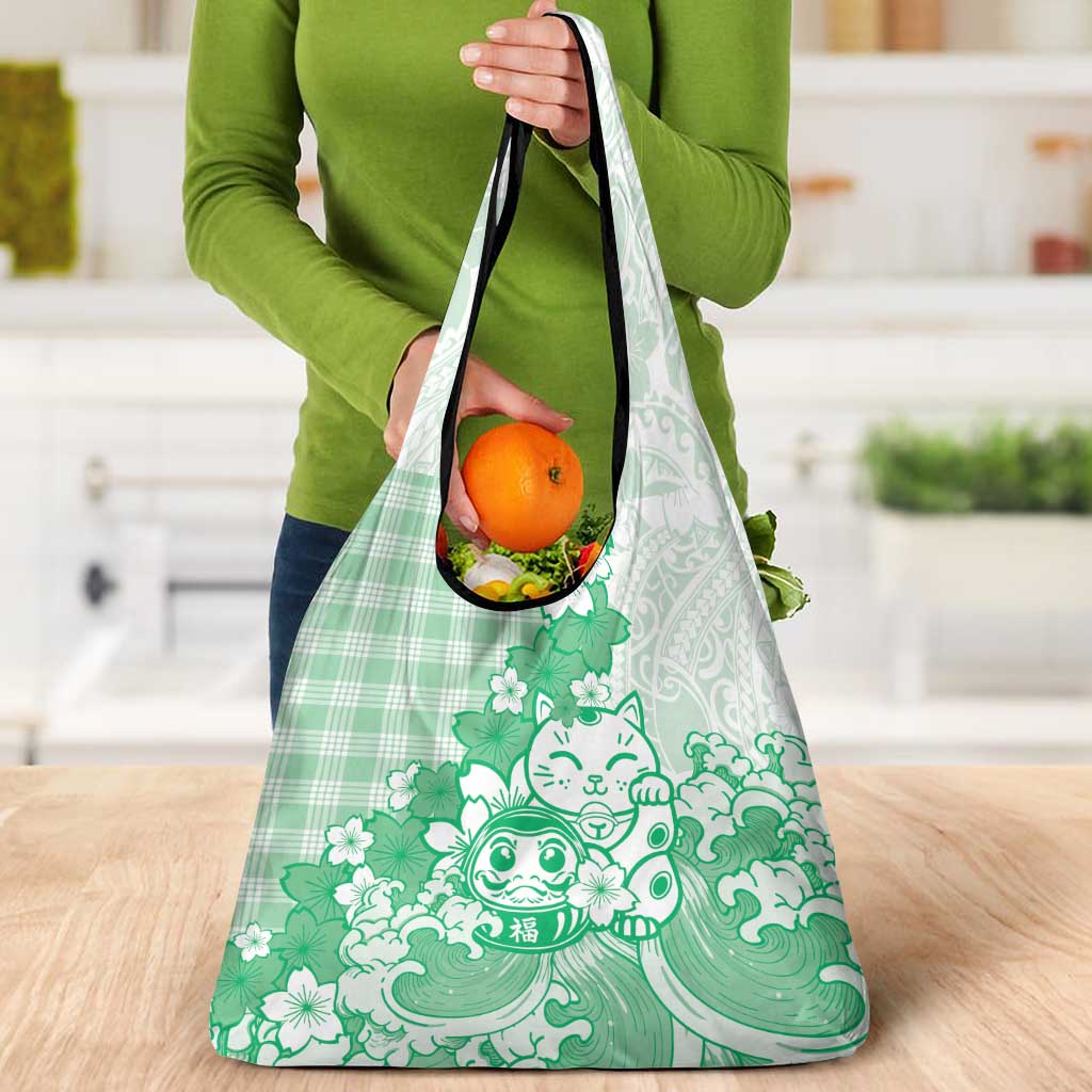 Green Palaka Hawaiian And Japanese Grocery Bag Maneki Neko And Sakura Bloom
