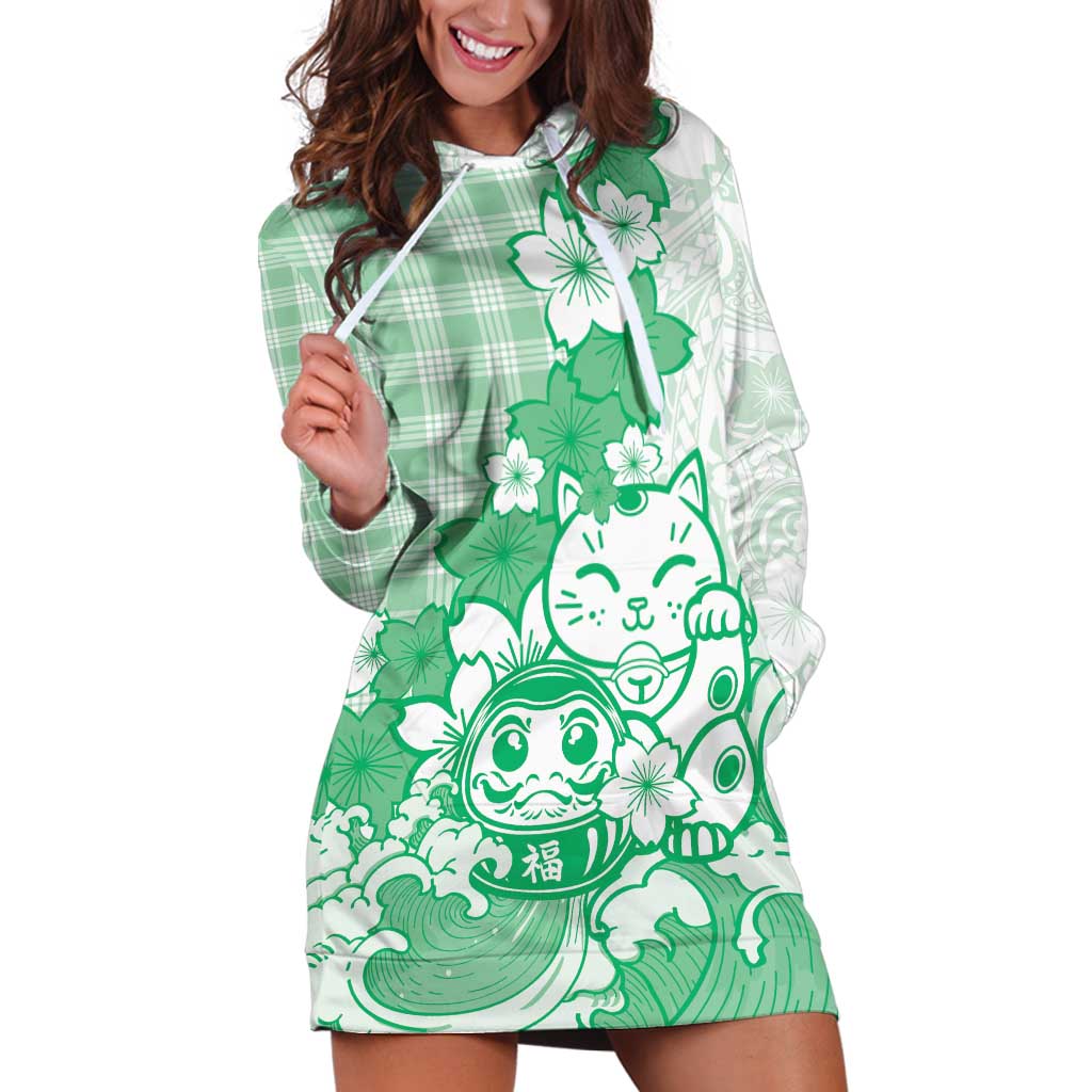 Green Palaka Hawaiian And Japanese Hoodie Dress Maneki Neko And Sakura Bloom