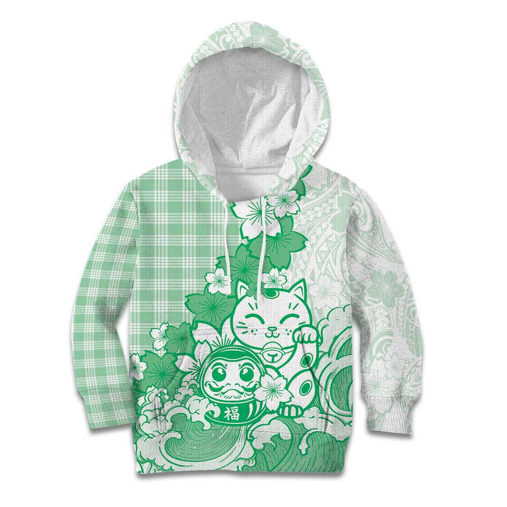 Green Palaka Hawaiian And Japanese Kid Hoodie Maneki Neko And Sakura Bloom