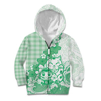 Green Palaka Hawaiian And Japanese Kid Hoodie Maneki Neko And Sakura Bloom