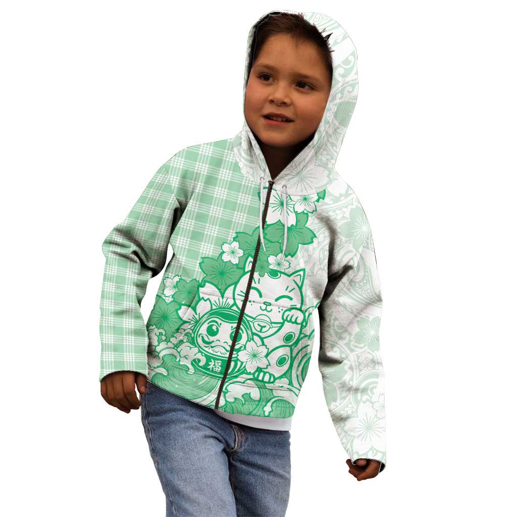 Green Palaka Hawaiian And Japanese Kid Hoodie Maneki Neko And Sakura Bloom