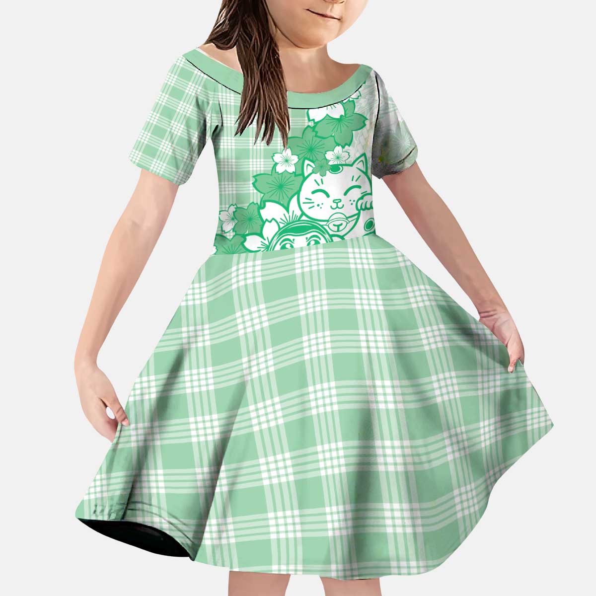 Green Palaka Hawaiian And Japanese Kid Short Sleeve Dress Maneki Neko And Sakura Bloom