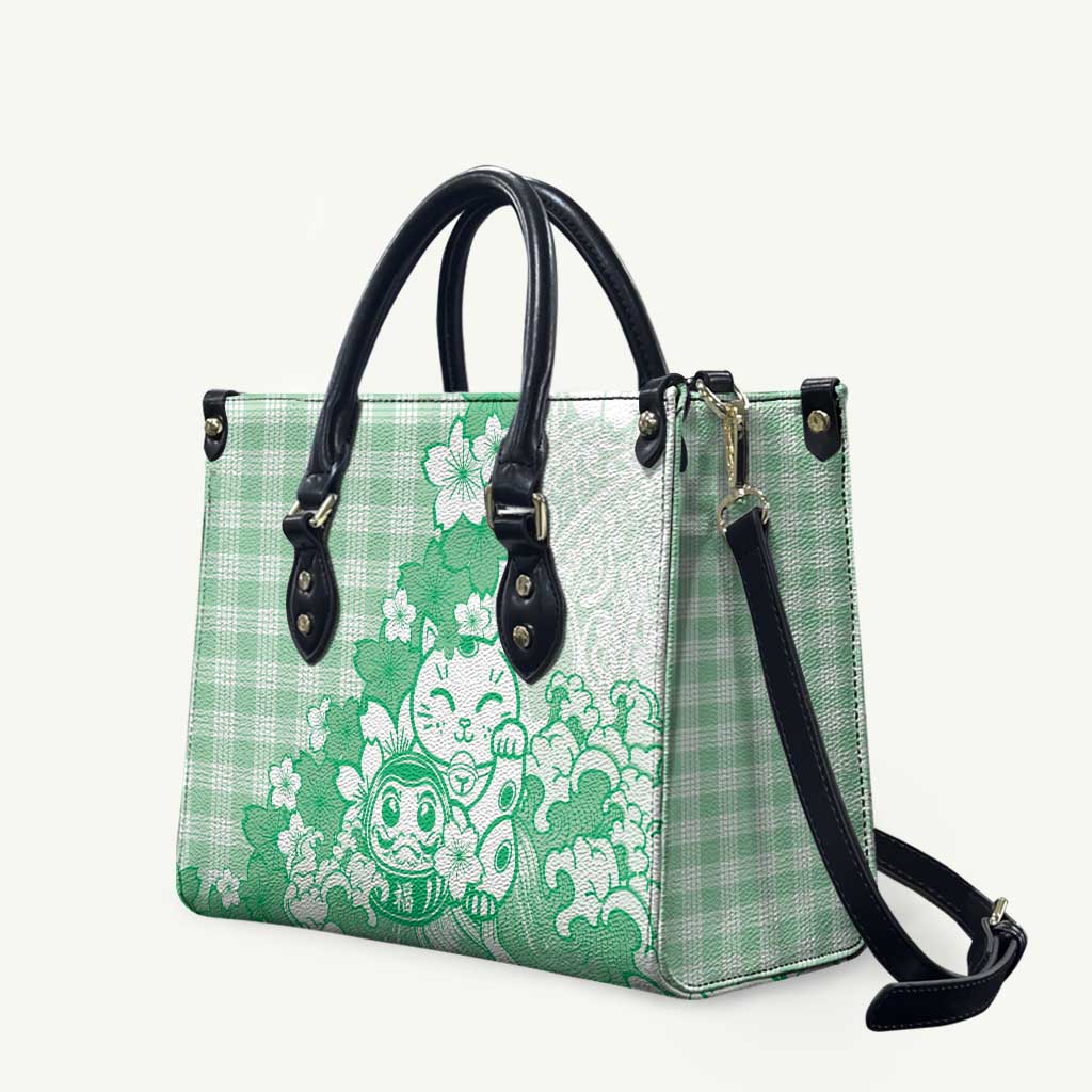 Green Palaka Hawaiian And Japanese Leather Bag Maneki Neko And Sakura Bloom