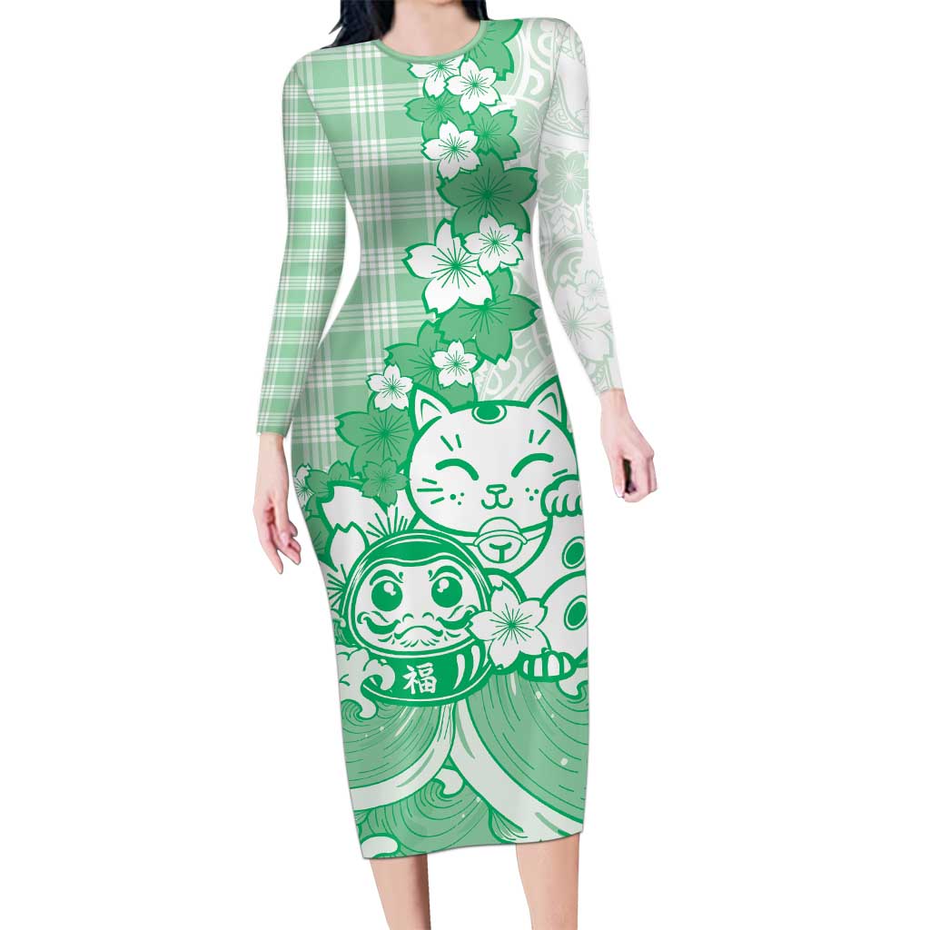 Green Palaka Hawaiian And Japanese Long Sleeve Bodycon Dress Maneki Neko And Sakura Bloom