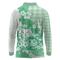 Green Palaka Hawaiian And Japanese Long Sleeve Polo Shirt Maneki Neko And Sakura Bloom