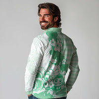 Green Palaka Hawaiian And Japanese Long Sleeve Polo Shirt Maneki Neko And Sakura Bloom