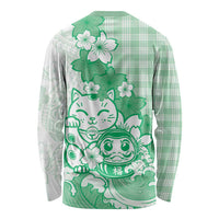 Green Palaka Hawaiian And Japanese Long Sleeve Shirt Maneki Neko And Sakura Bloom