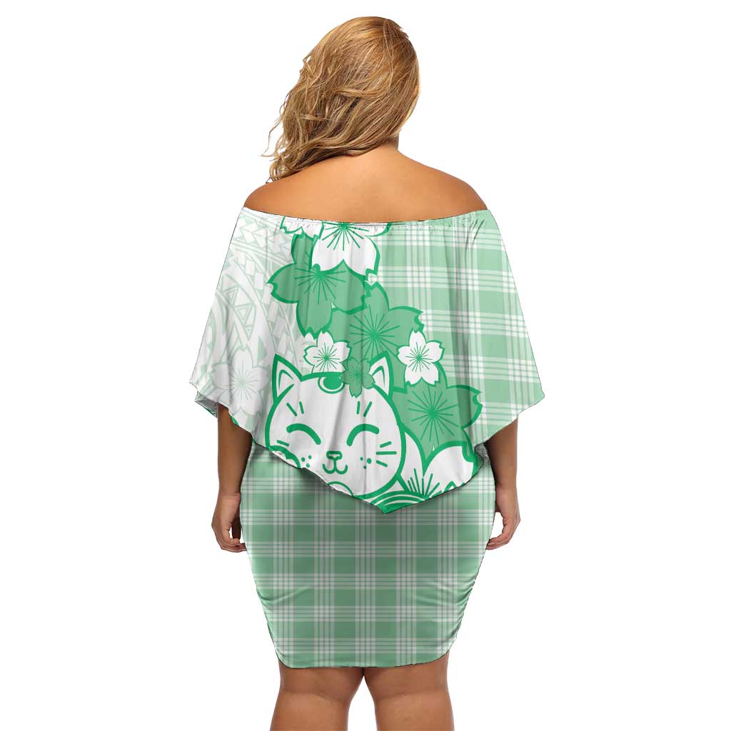 Green Palaka Hawaiian And Japanese Off Shoulder Short Dress Maneki Neko And Sakura Bloom