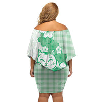 Green Palaka Hawaiian And Japanese Off Shoulder Short Dress Maneki Neko And Sakura Bloom