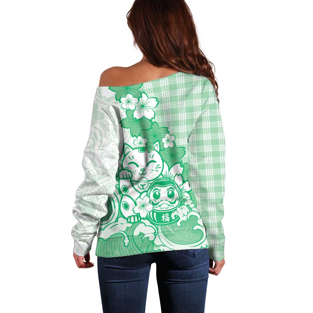 Green Palaka Hawaiian And Japanese Off Shoulder Sweater Maneki Neko And Sakura Bloom