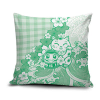 Green Palaka Hawaiian And Japanese Pillow Cover Maneki Neko And Sakura Bloom