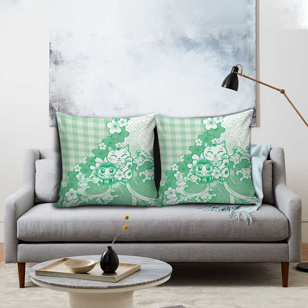 Green Palaka Hawaiian And Japanese Pillow Cover Maneki Neko And Sakura Bloom