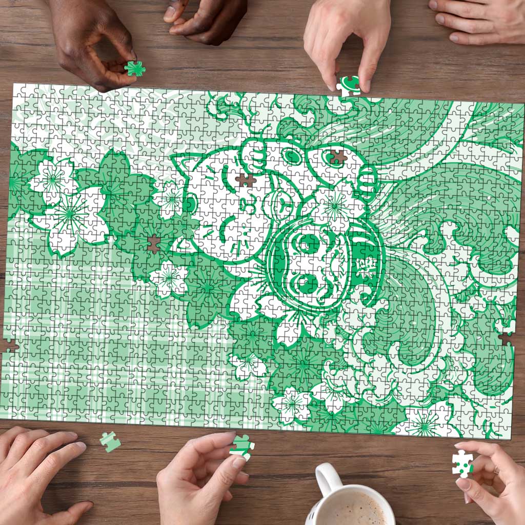 Green Palaka Hawaiian And Japanese Puzzle Maneki Neko And Sakura Bloom