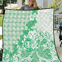 Green Palaka Hawaiian And Japanese Quilt Maneki Neko And Sakura Bloom