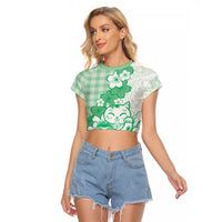 Green Palaka Hawaiian And Japanese Raglan Cropped T Shirt Maneki Neko And Sakura Bloom