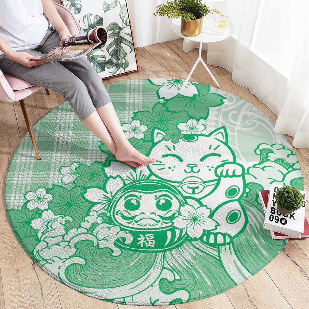 Green Palaka Hawaiian And Japanese Round Carpet Maneki Neko And Sakura Bloom
