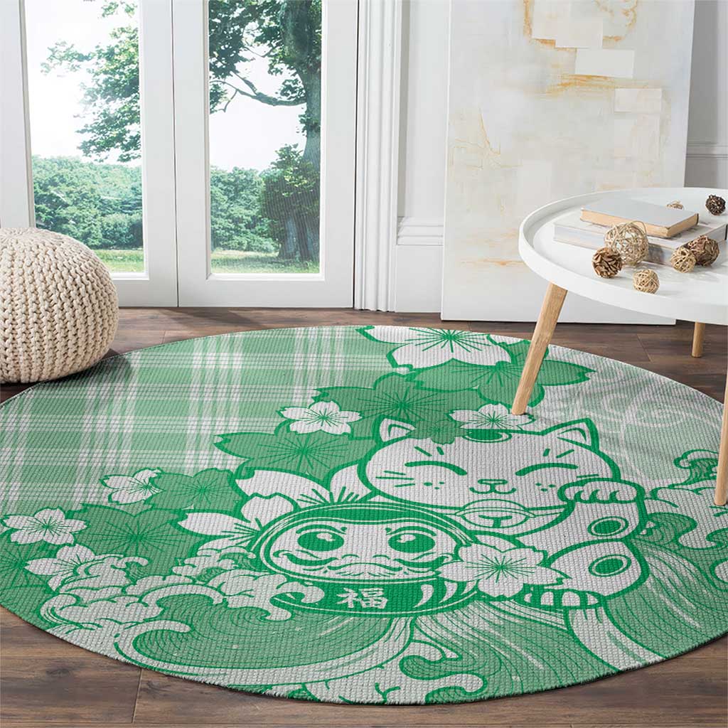 Green Palaka Hawaiian And Japanese Round Carpet Maneki Neko And Sakura Bloom