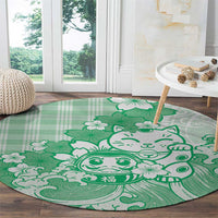 Green Palaka Hawaiian And Japanese Round Carpet Maneki Neko And Sakura Bloom