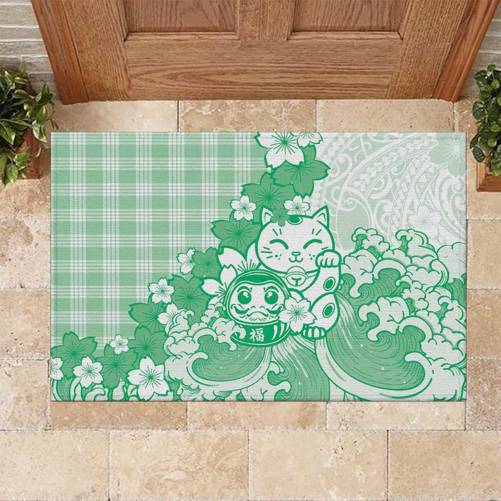 Green Palaka Hawaiian And Japanese Rubber Doormat Maneki Neko And Sakura Bloom
