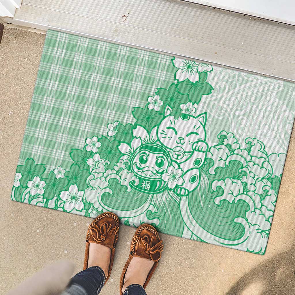 Green Palaka Hawaiian And Japanese Rubber Doormat Maneki Neko And Sakura Bloom