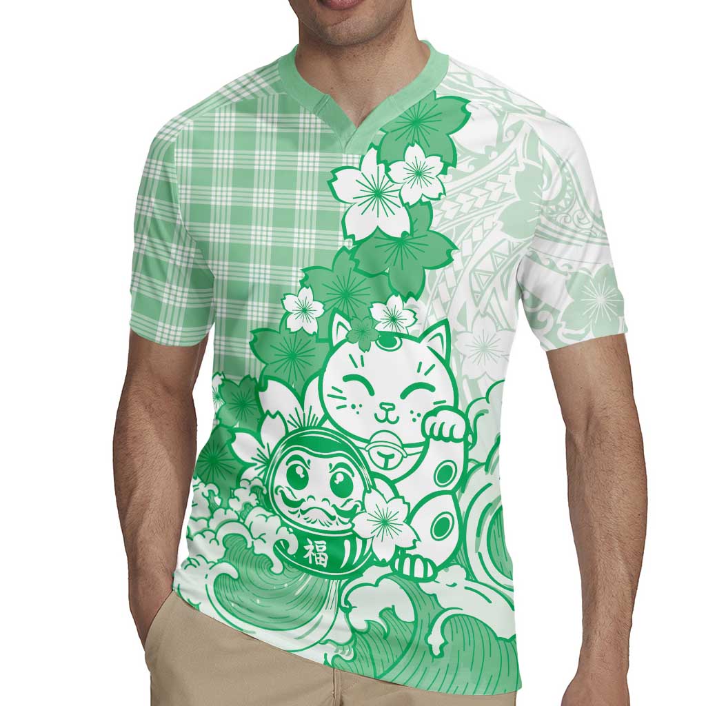 Green Palaka Hawaiian And Japanese Rugby Jersey Maneki Neko And Sakura Bloom