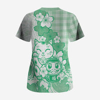 Green Palaka Hawaiian And Japanese Scrub Top Maneki Neko And Sakura Bloom