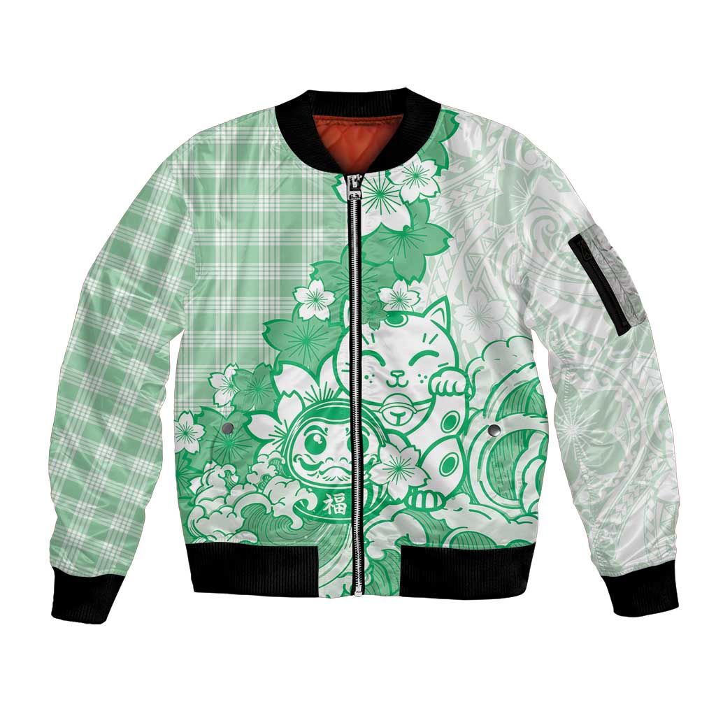 Green Palaka Hawaiian And Japanese Sleeve Zip Bomber Jacket Maneki Neko And Sakura Bloom